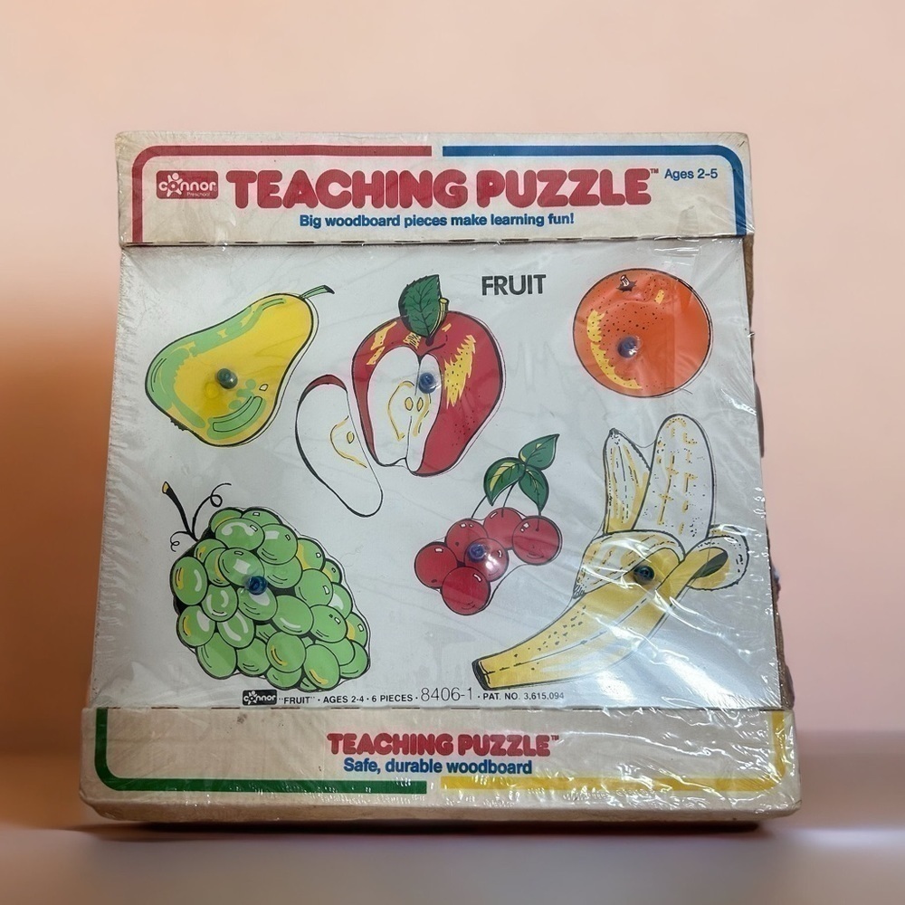 Vintage Learning Puzzle NEW Fruit Teaching Wooden Peg Pieces Baby